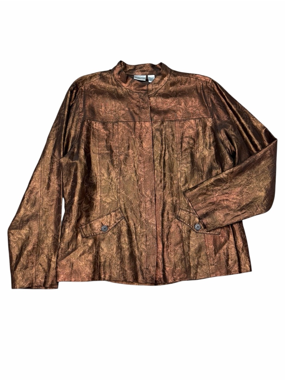 Chico’s Bronze Silk Linen Metallic Jacquard Jacket Size 3, XL, Silk Fall Jacket - Picture 9 of 10